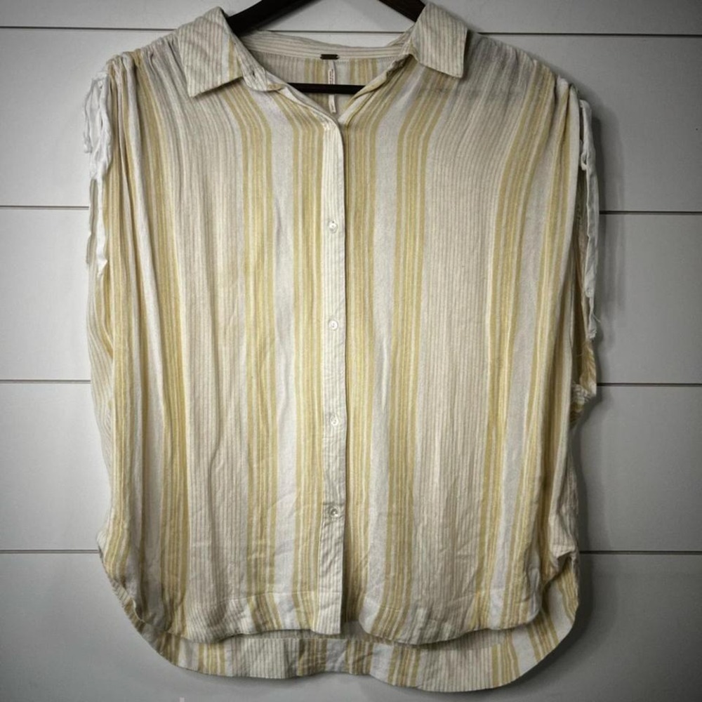 Free People Yellow White Striped Sleeveless Button Down Blouse Shoulder Tie‎ L